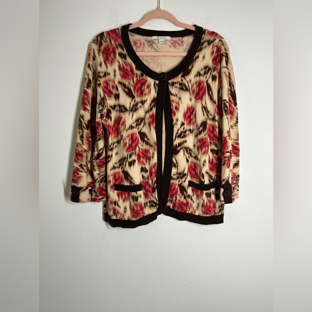 JM Collection women's size M cardigan sweater brown red print scoop neck